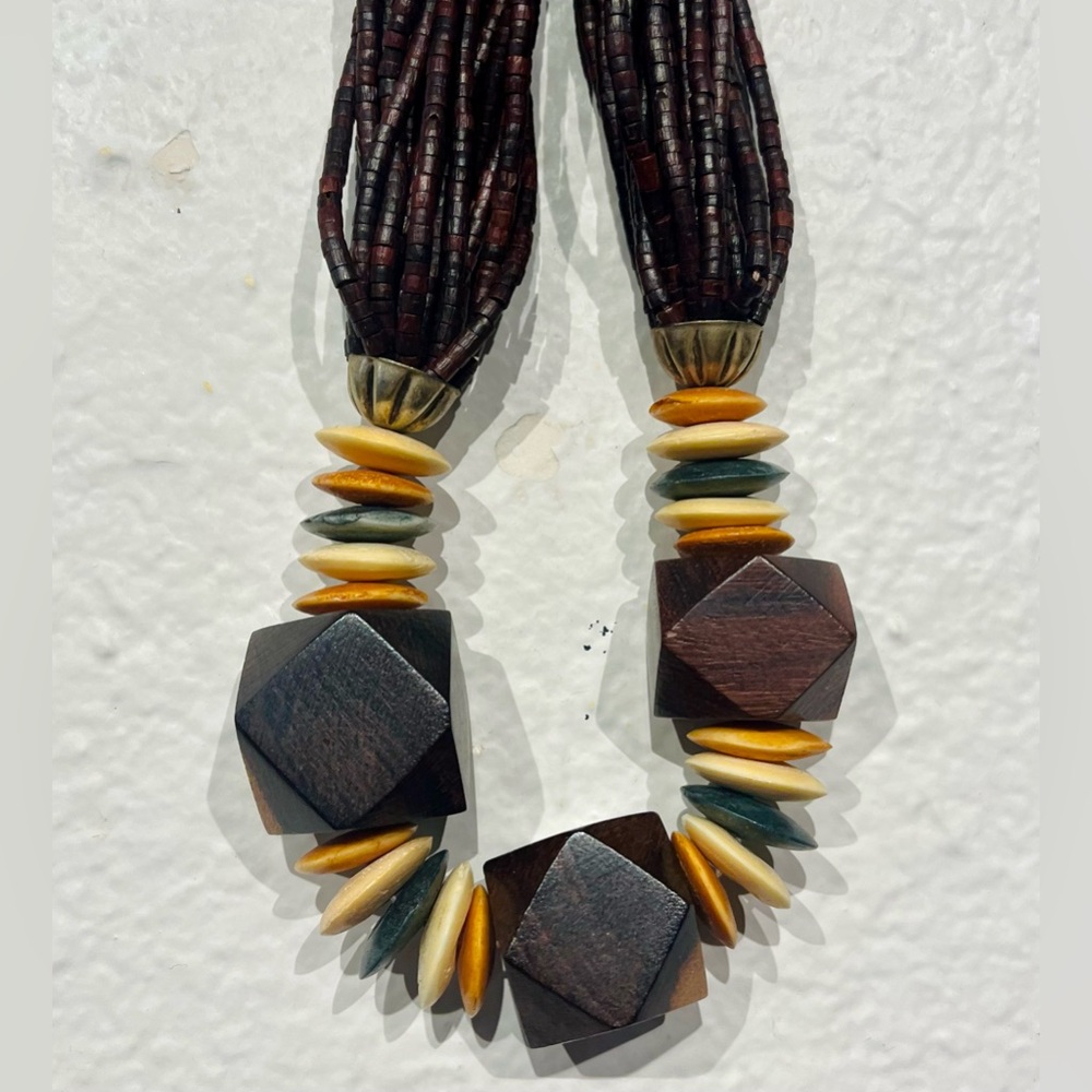 Vintage Handcrafted Multi-strand Geometric Wooden Bead Necklace
